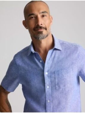 Men's Short-Sleeve Linen-Blend Shirt in Light Blue